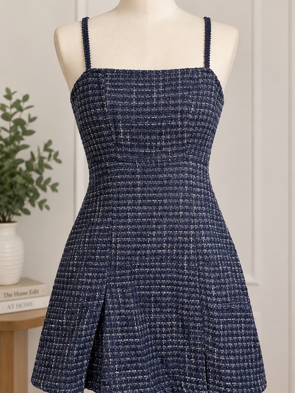 CIDER Navy Bouclé Plaid Mini Dress Spaghetti Strap Fit & Flare Size S